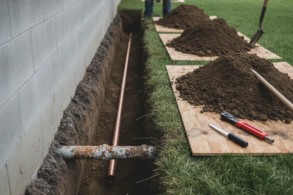 Excavated water line trench during Water Softener Installation in Woodland
